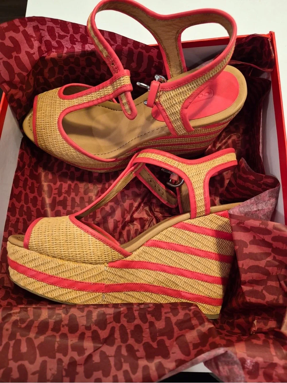 COACH GENEVA WEDGE NATURAL/BRIGHT CORAL Platforms Shoes  A0845 Size 11   NEW